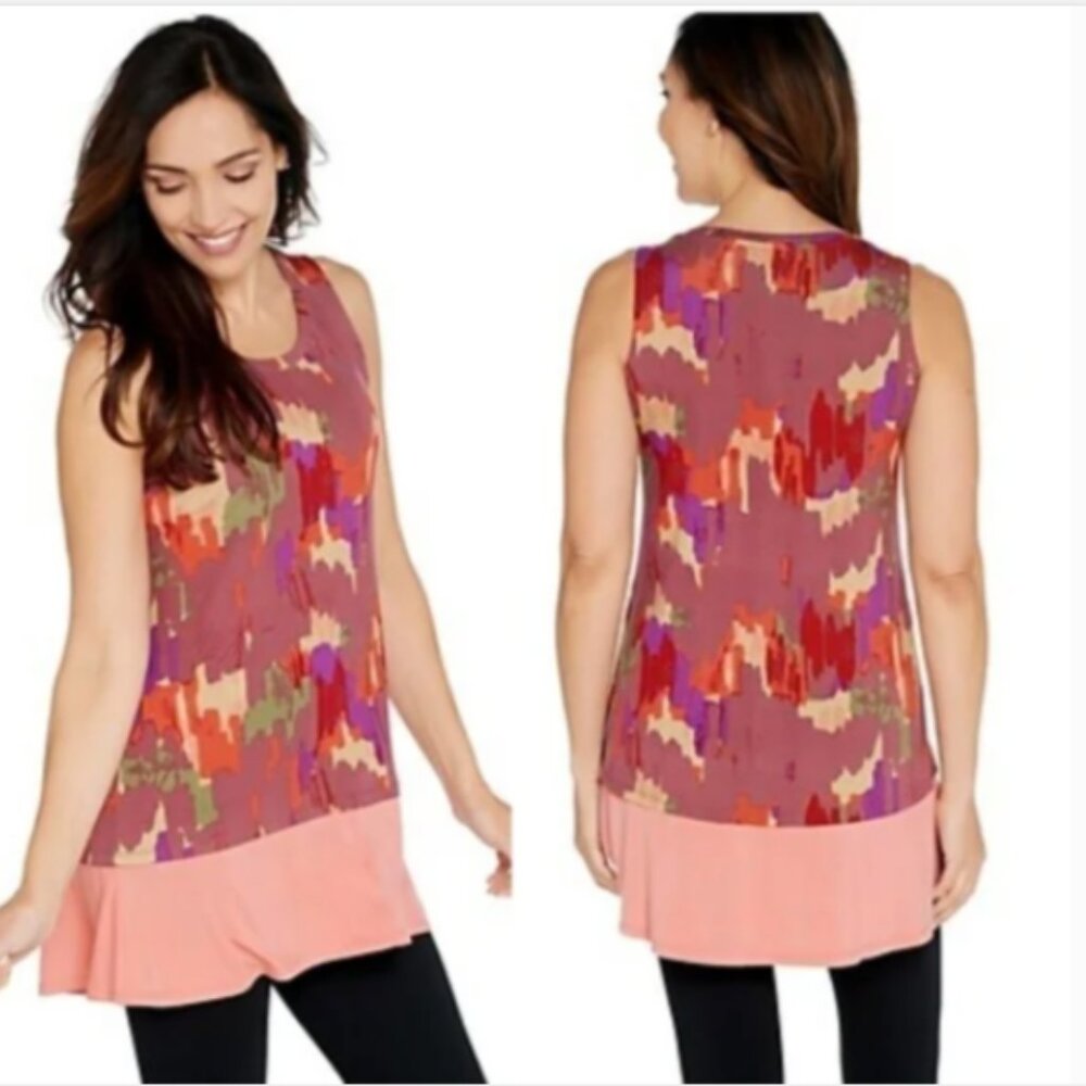 LOGO Layers by Lori Goldstein Printed Tank w/ Solid Flounce at Hemline L #256D